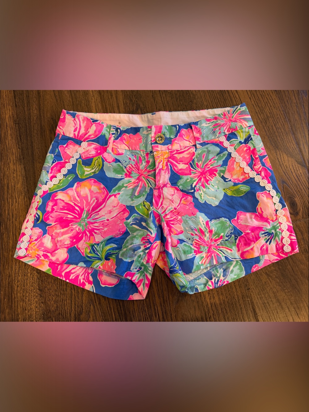 Lilly Pulitzer Blue Floral Shorts with Pink and Green Print